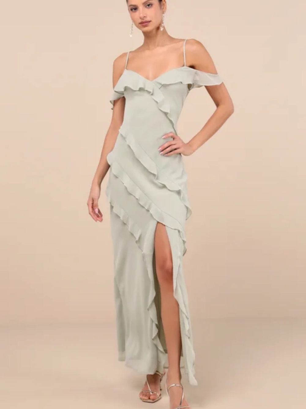 NWT Lulus Elara Light Sage Ruffled Maxi Dress